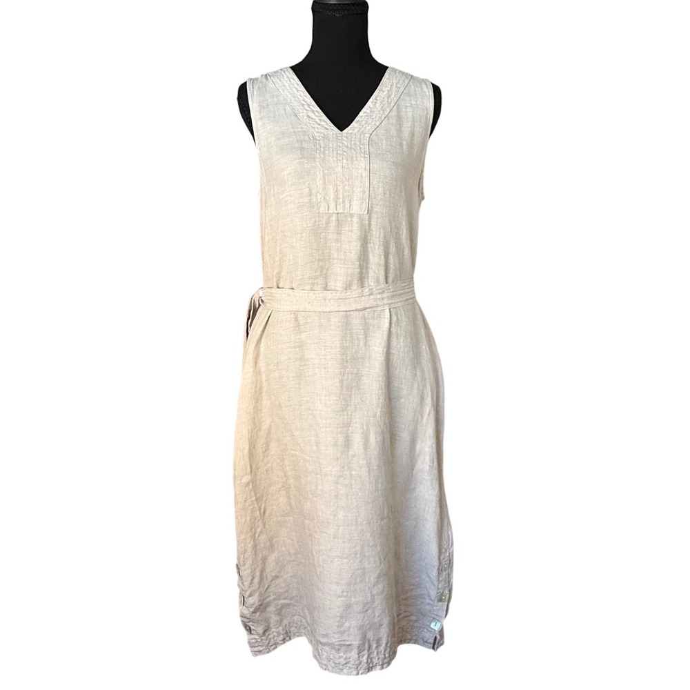 Tahari Linen Dress Sleeveless Midi Light Gray V-Neck Belted Coastal Small